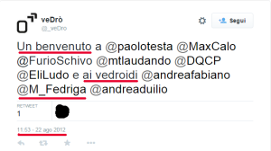 Il tweet di benvenuto di VeDrò al "vedroide" Massimiliano Fedriga (@M_Fedriga)